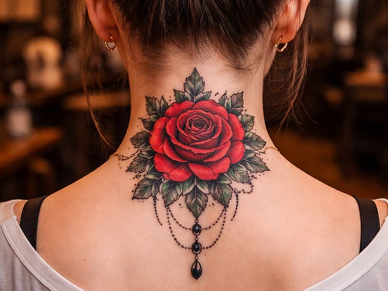 Rose tattoos in traditional, blackwork and fine line styles