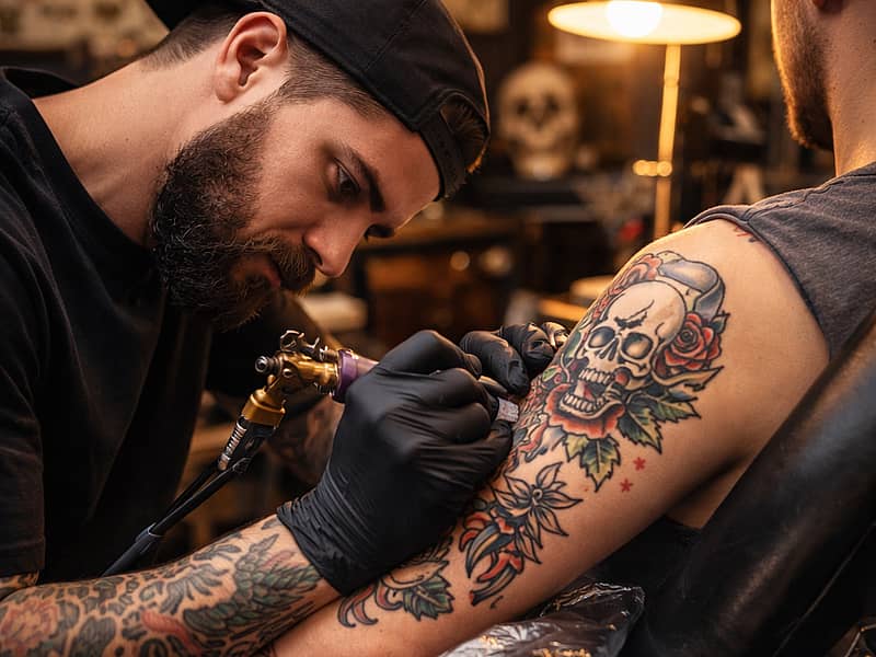 Tattoo artist profile cards with portfolio thumbnails and style focus