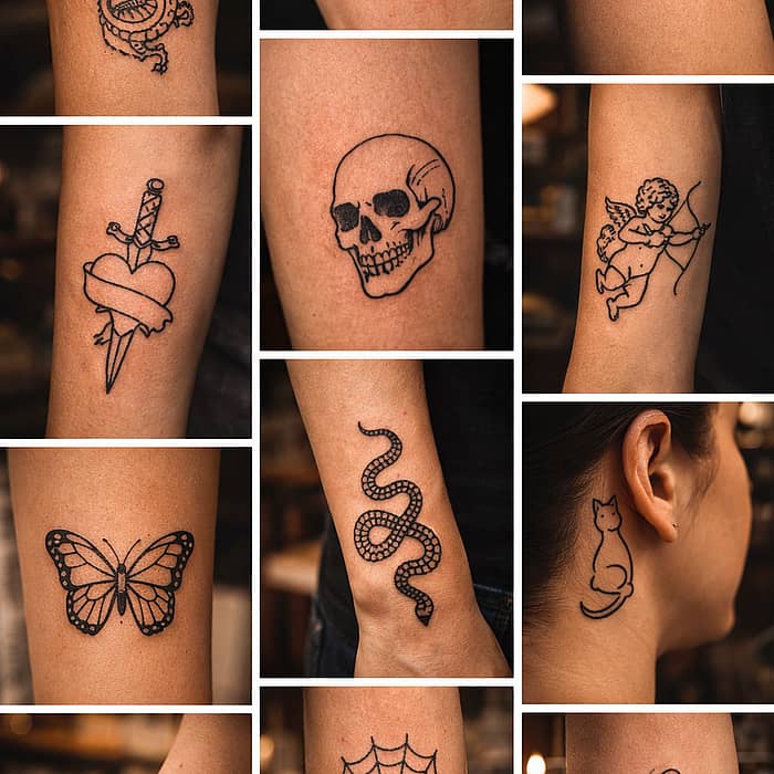 Fine line, rose and sleeve tattoos shown as tattoo idea categories