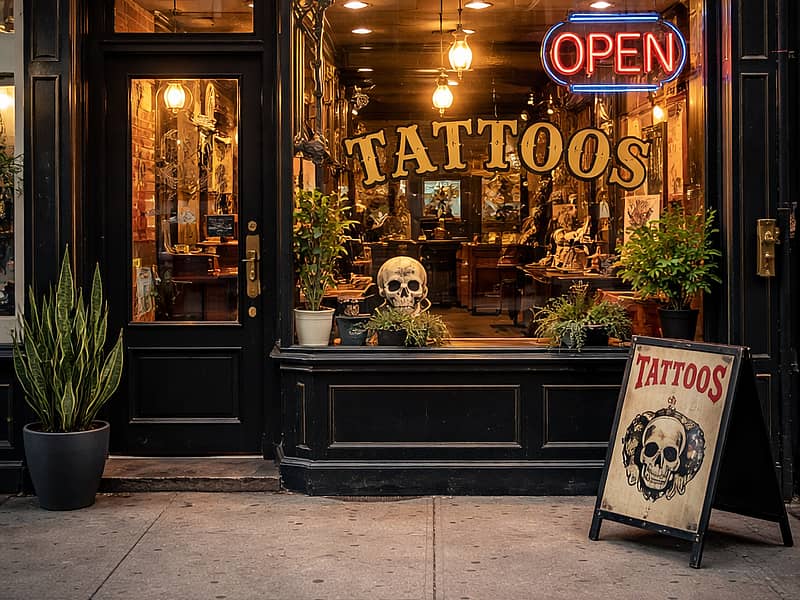 Tattoo shop listings with profile photos, ratings and local discovery